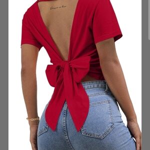 Chic Red Bow Back Short Sleeve Top
